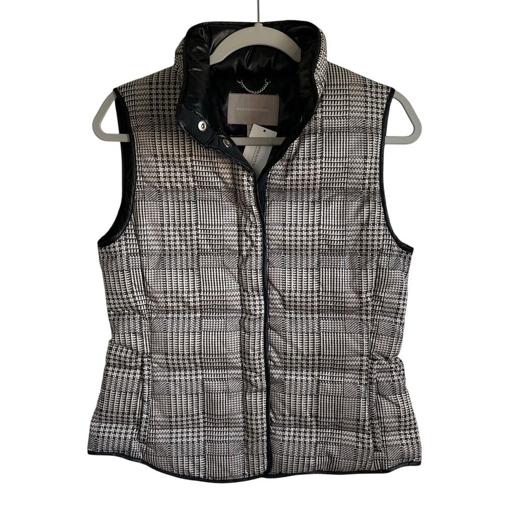 NEW Banana Republic Down Fill Puffer Vest Houndstooth Sz XS Preppy Black Tan